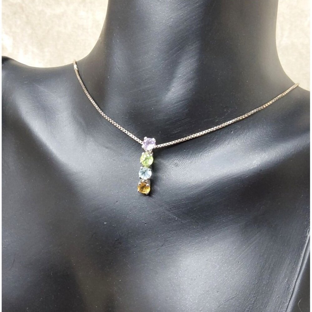 vintage ati sterling silver rainbow gemstones bar pendant necklace - Picture 2 of 6